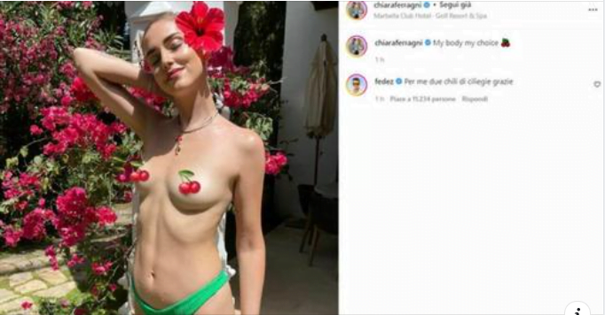 Chiara Ferragni in topless su Instagram: due ciliege a coprire il seno. E Fedez risponde così